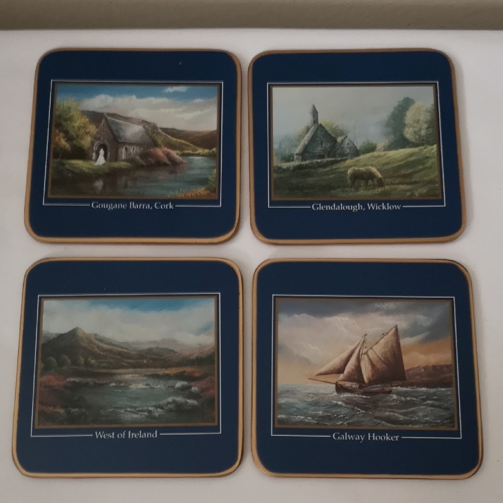 Set of Four Irish Scenic Coasters with Cork Underside by John Hinde, Never-used